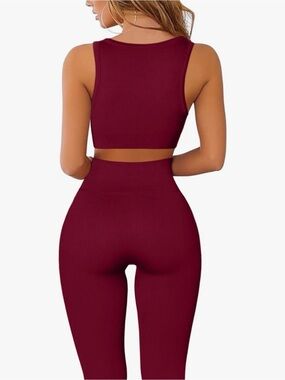 Seamless Ribbed Scoop Neck Crop Tank & High-Waist Legging Set - Deep Red